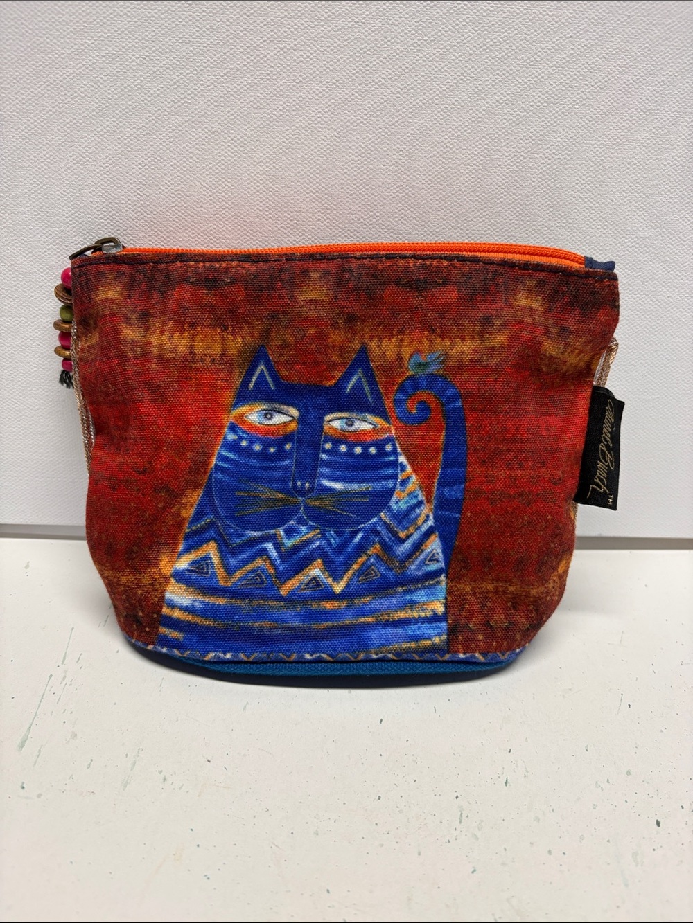 Laurel Burch Blue Cat Printed Zipper Pouch - Red Background